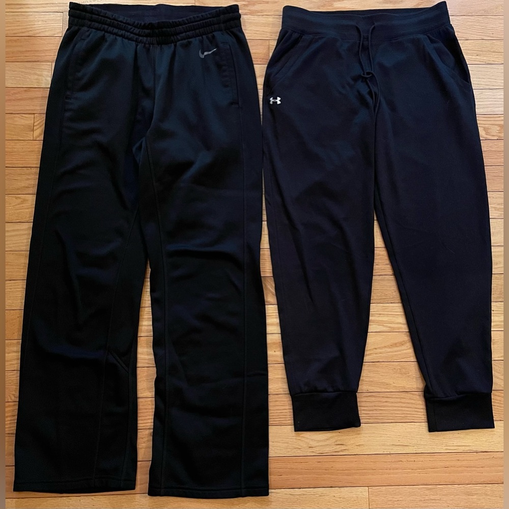 Lot 2 Under Armour Black Tech 2.0 HeatGear Crop Leggings & Nike DriFit Pants S